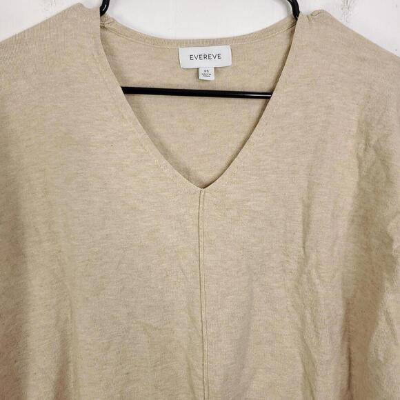 Evereve Sweater Womens XS V Neck Split Front Seam Neutral Ribbed Sleeve - Picture 2 of 9